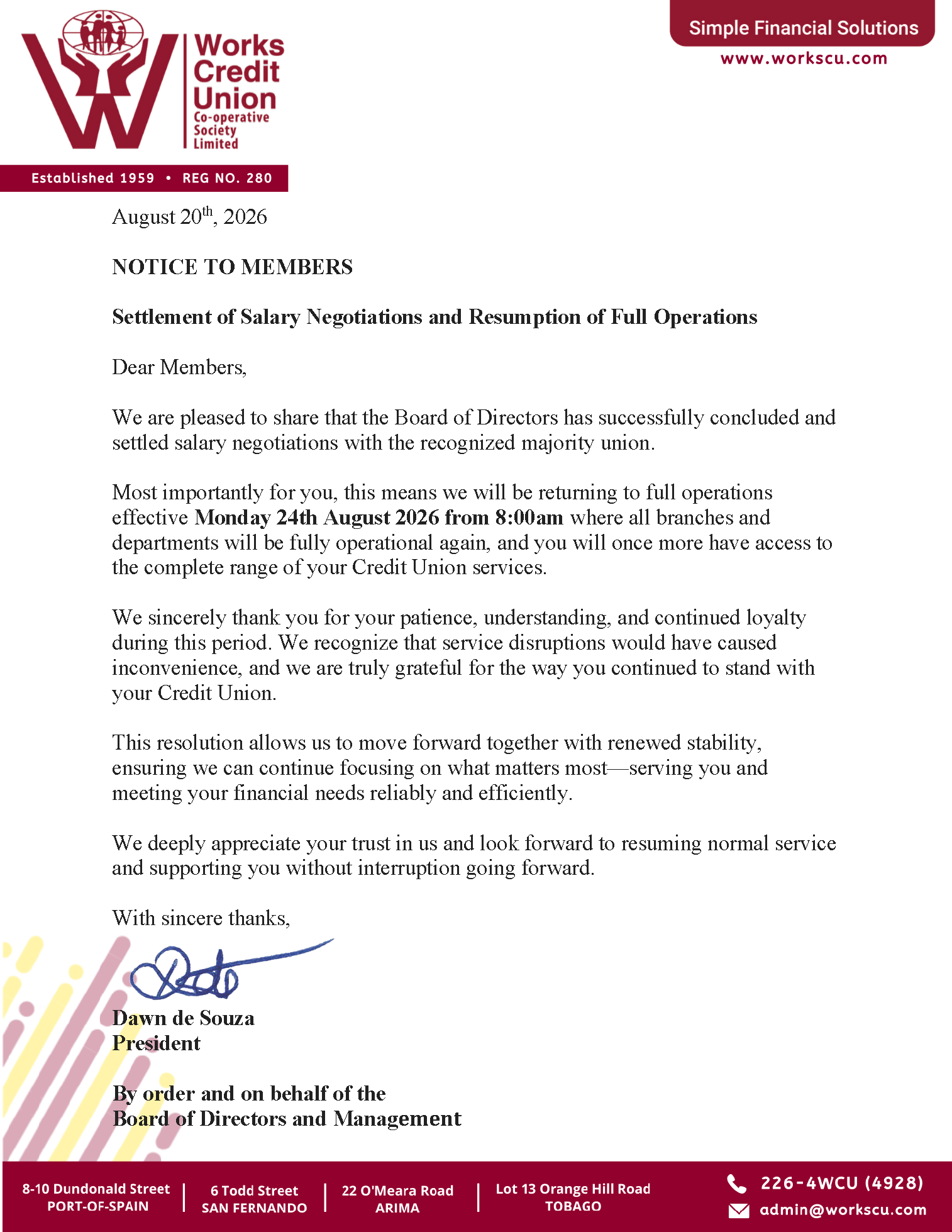 Settlement of Salary Negotiations and Resumption of Full Operations