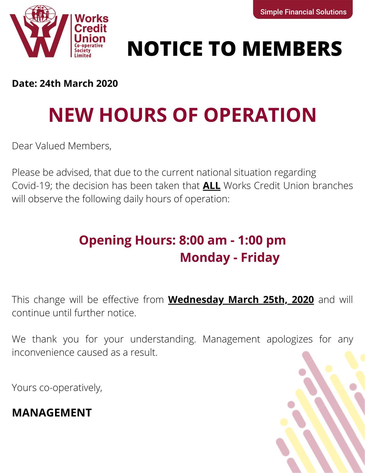 Change to Hours of Operations Re Covid19 Works Credit Union