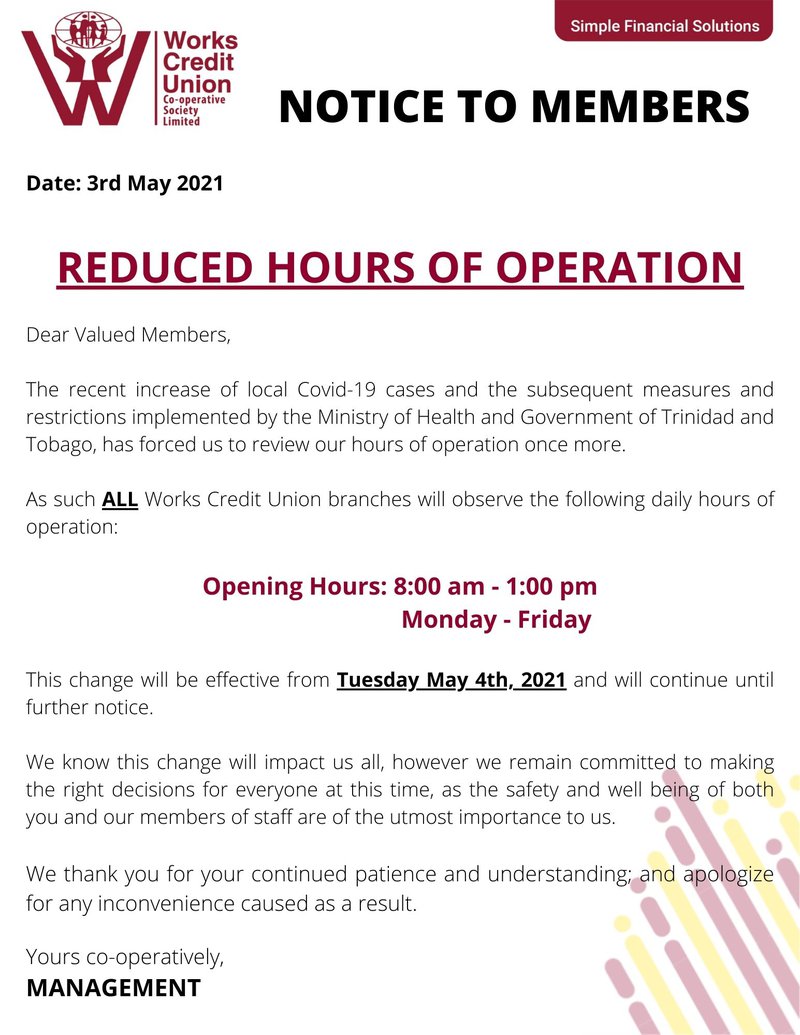 Change to Operational Hours Works Credit Union