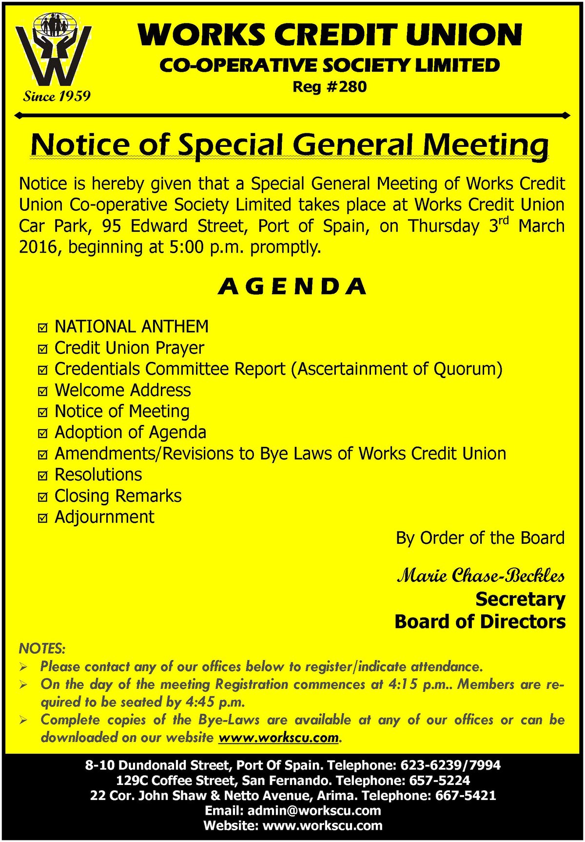 Notice of Special General Meeting Works Credit Union